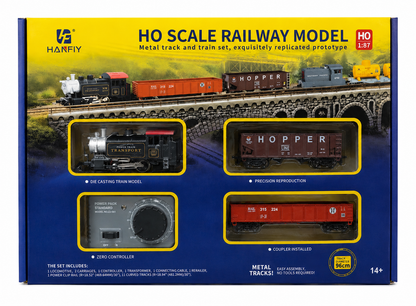 HANFLY - HO Scale Electric Railway Train Set with Steam Locomotive, 2 Freight Cars & Track