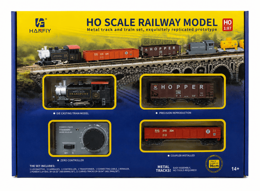 HANFLY - HO Scale Electric Railway Train Set with Steam Locomotive, 2 Freight Cars & Track