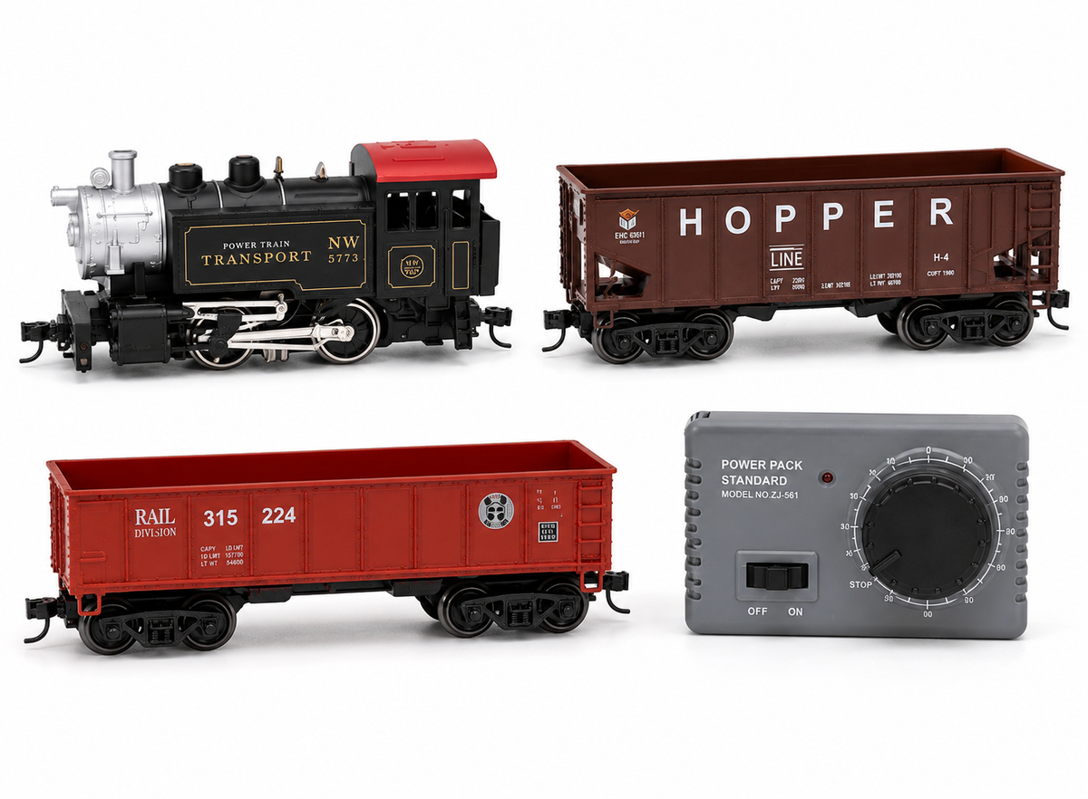 HANFLY - HO Scale Electric Railway Train Set with Steam Locomotive, 2 Freight Cars & Track