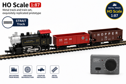 HANFLY - HO Scale Electric Railway Train Set with Steam Locomotive, 2 Freight Cars & Track