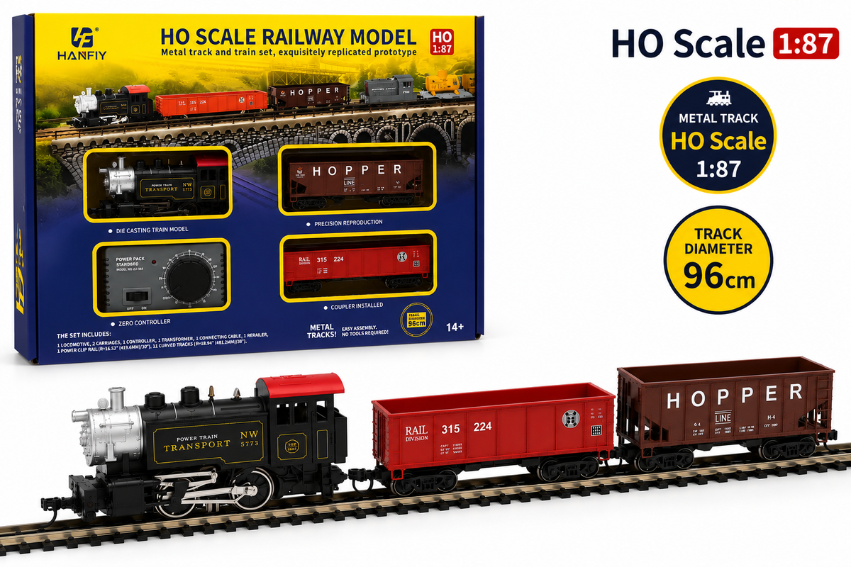 HANFLY - HO Scale Electric Railway Train Set with Steam Locomotive, 2 Freight Cars & Track