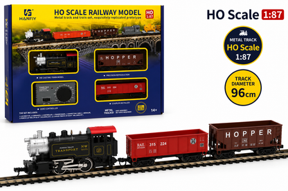 HANFLY - HO Scale Electric Railway Train Set with Steam Locomotive, 2 Freight Cars & Track