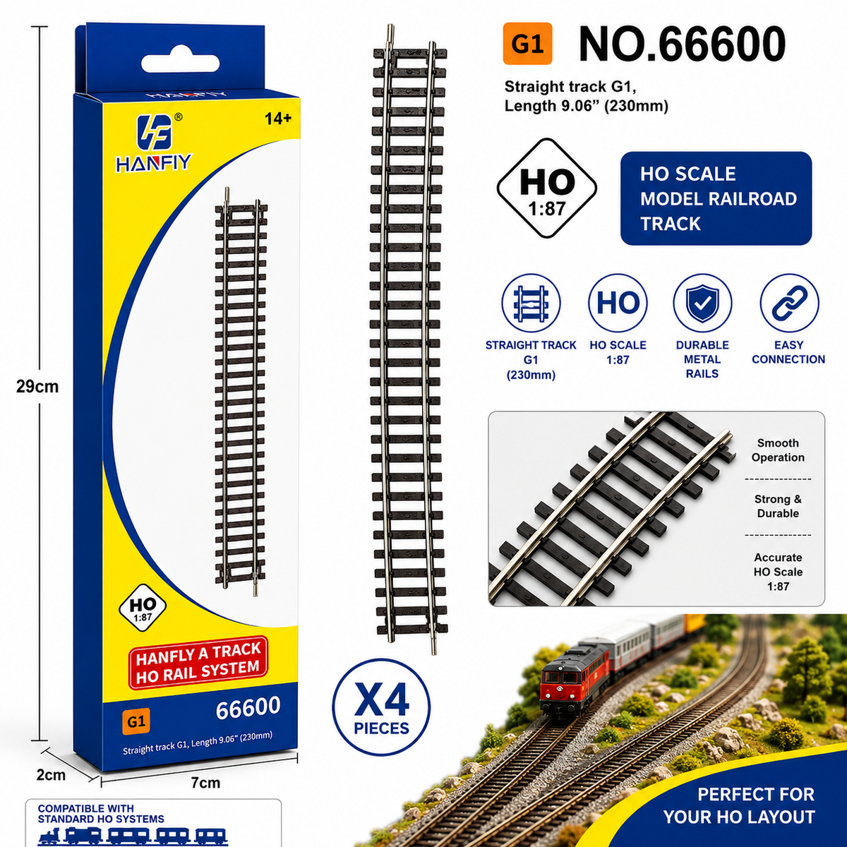 HANFIY - HO Scale Straight Railway Track G1 230mm - 4 Pieces