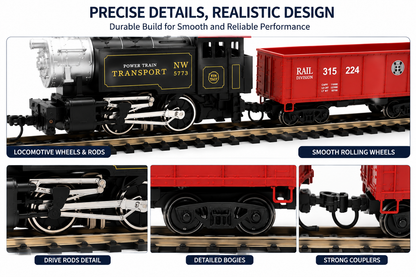 HANFLY - HO Scale Electric Railway Train Set with Steam Locomotive, 2 Freight Cars & Track