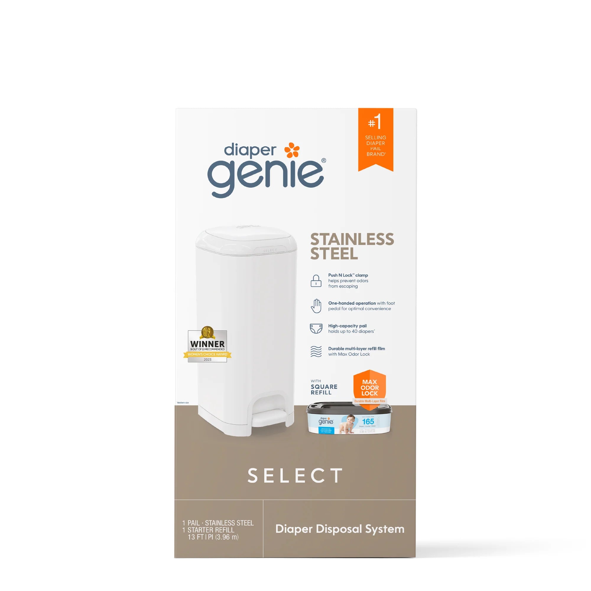 Diaper Genie Select Odor Lock Stainless Steel (Pail White)