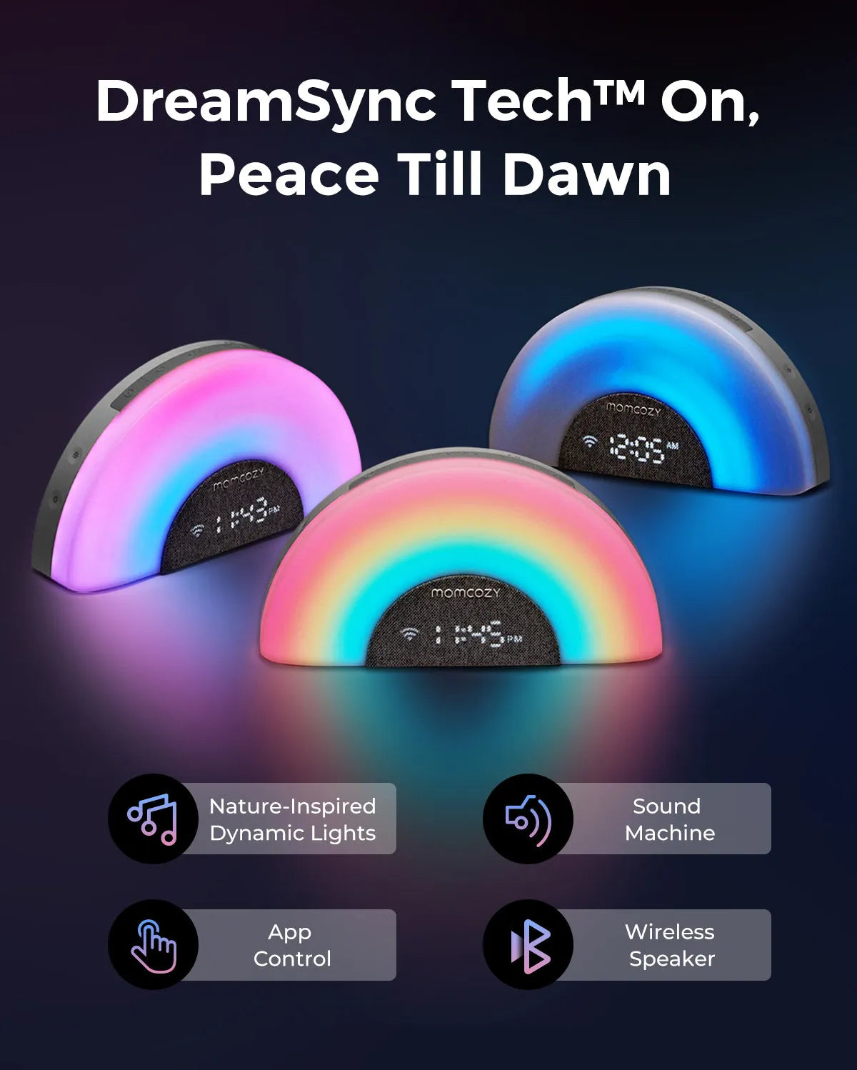 Momcozy DreamSync Tech  Smart Baby Sound Machine Rainbow Light & App Control