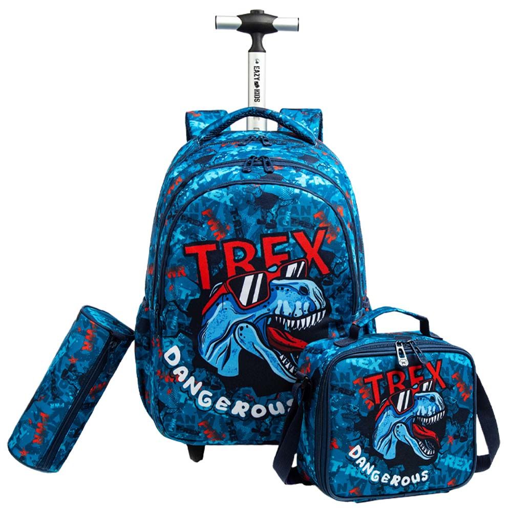 Eazy Kids Set of 3 Trolley School Lunch Bag & Pencil Case (Trex Dinosaur Blue)