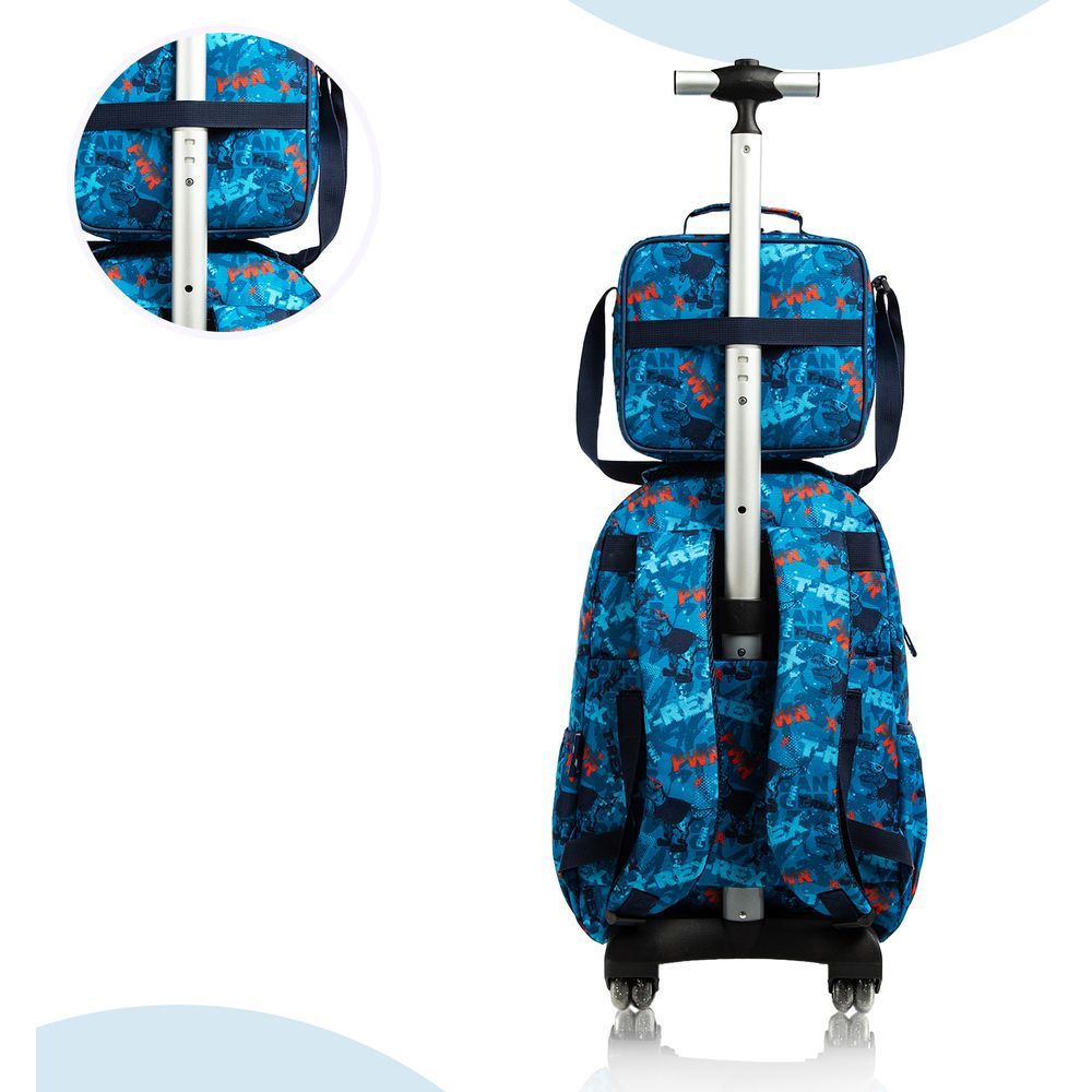 Eazy Kids Set of 3 Trolley School Lunch Bag & Pencil Case (Trex Dinosaur Blue)