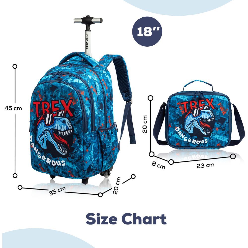 Eazy Kids Set of 3 Trolley School Lunch Bag & Pencil Case (Trex Dinosaur Blue)
