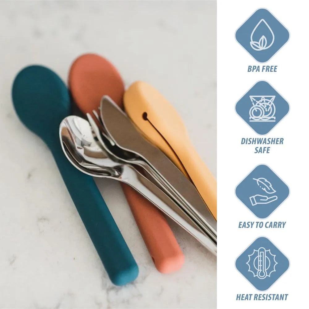 Eazy Kids Portable Travel Cutlery Set (Stainless Steel Spoon, Fork & Knife with Silicone Case)
