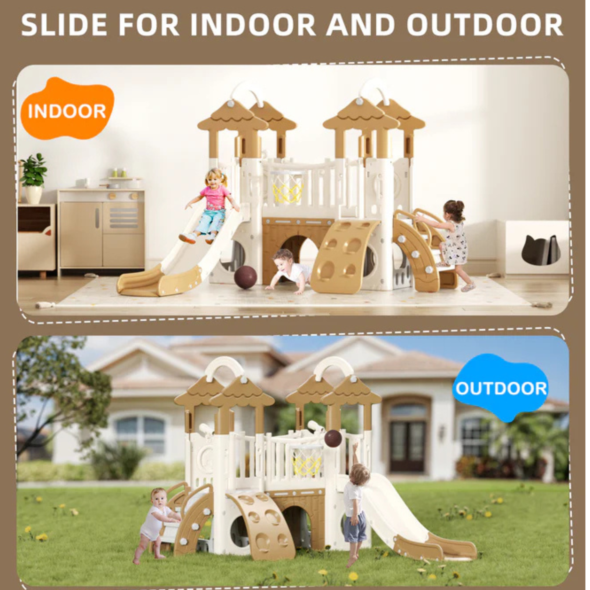 Little Angel Kids Activity Centre With Slide, Hoop & Climber (Coffee)