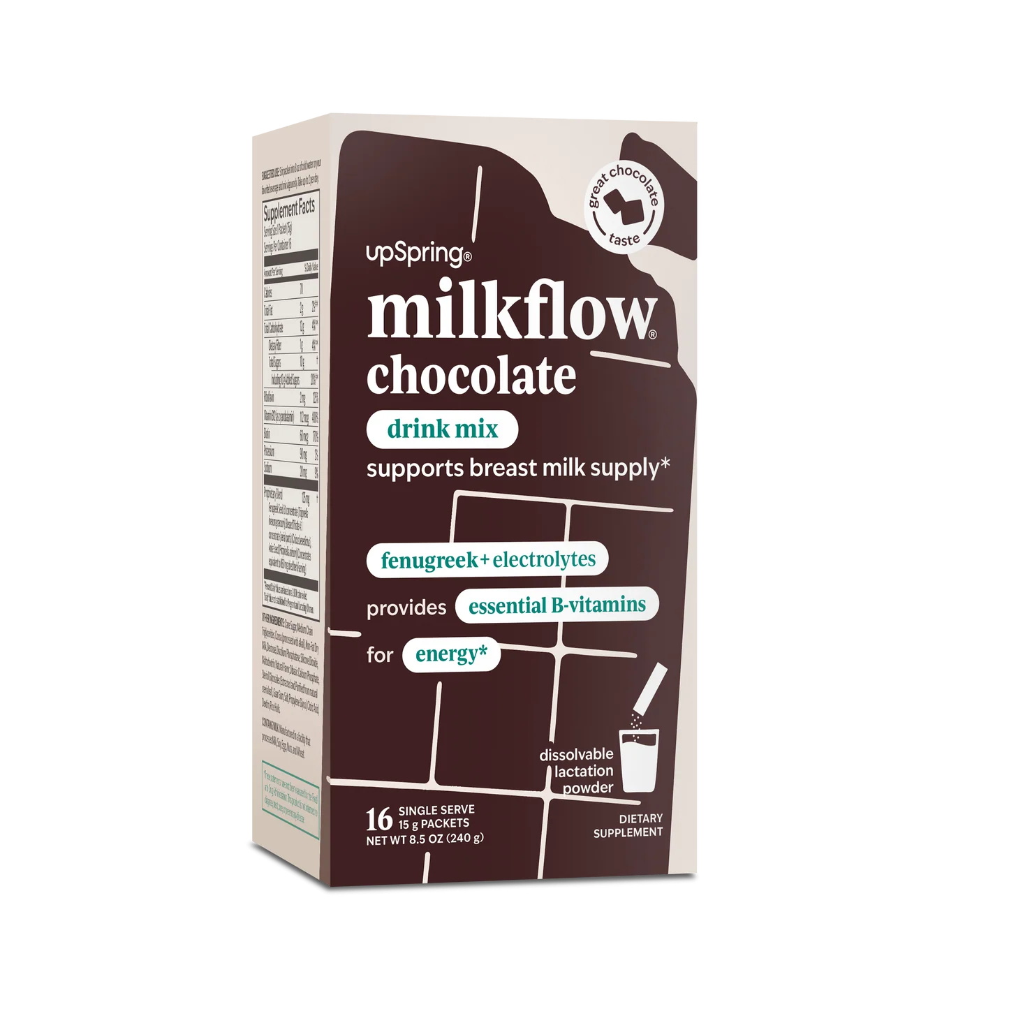 Upspring Milkflow + Energy Breastfeeding Supplement Drink Mix with Fenugreek | Chocolate Flavor, 16 Drink Mixes