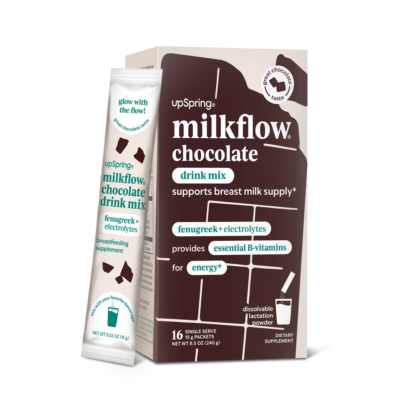 Upspring Milkflow + Energy Breastfeeding Supplement Drink Mix with Fenugreek | Chocolate Flavor, 16 Drink Mixes