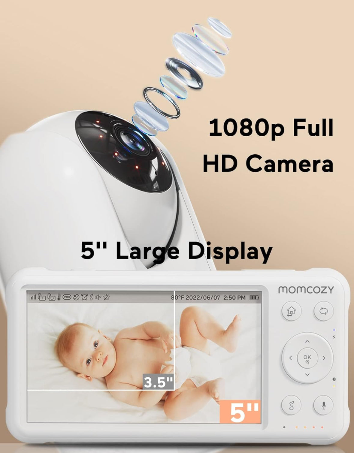 جهاز مراقبة الأطفال بالفيديو من Momcozy، بدقة 1080 بكسل مقاس 5 بوصات عالية الدقة مع كاميرا وصوت
