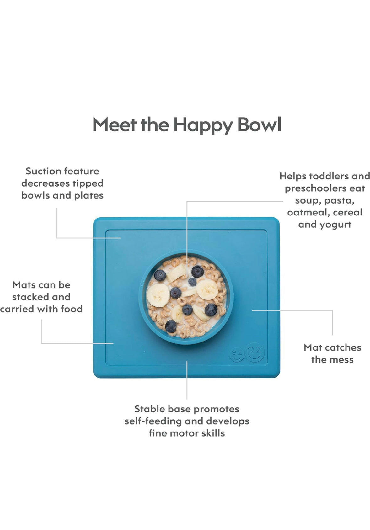 وعاء ezpz Happy Bowl - وعاء شفط من السيليكون بنسبة 100% مع مفرش مدمج