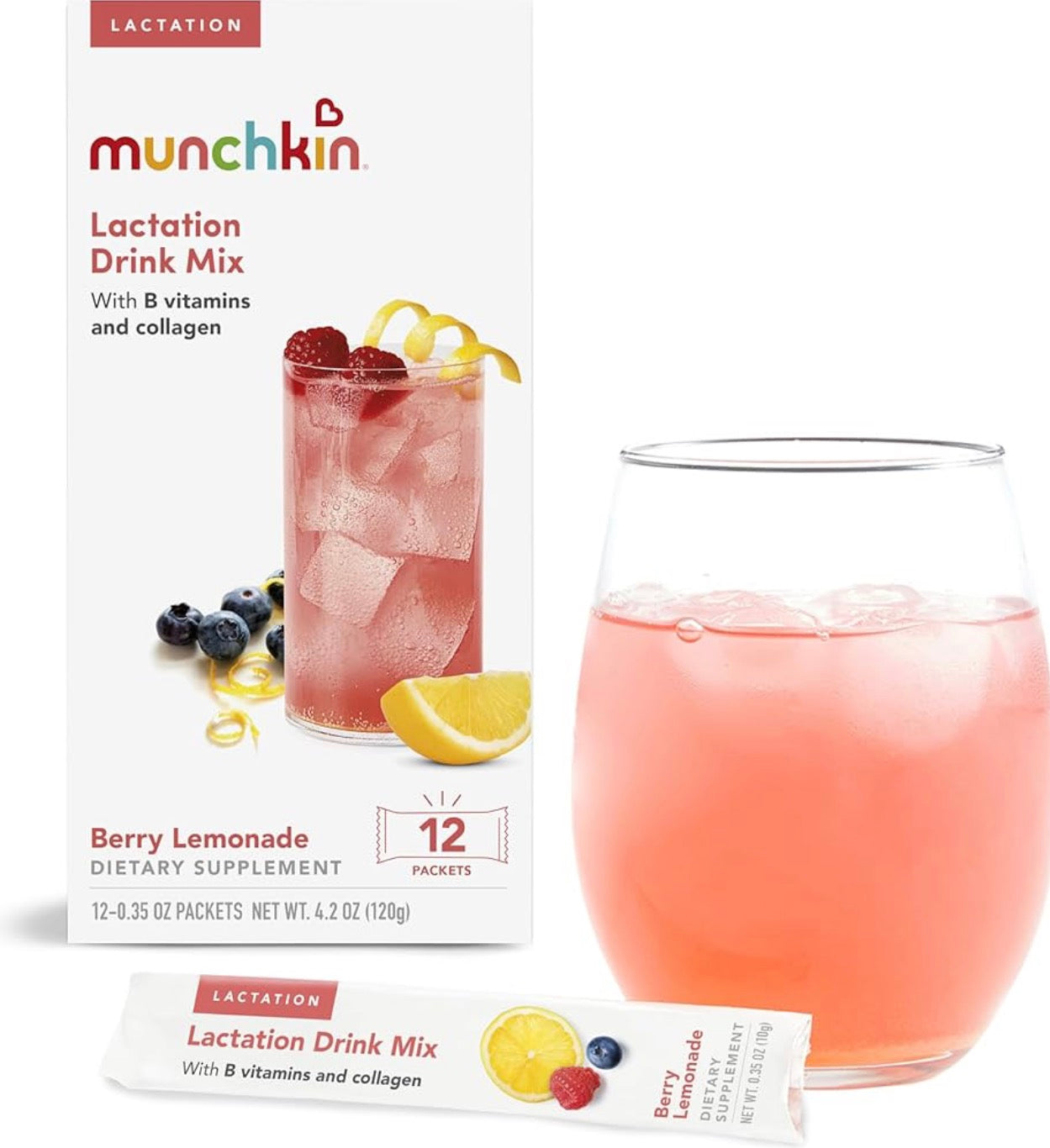 Munchkin Lactation Drink Mix Supplement for Breastfeeding Moms, Berry Lemonade, 12 Count
