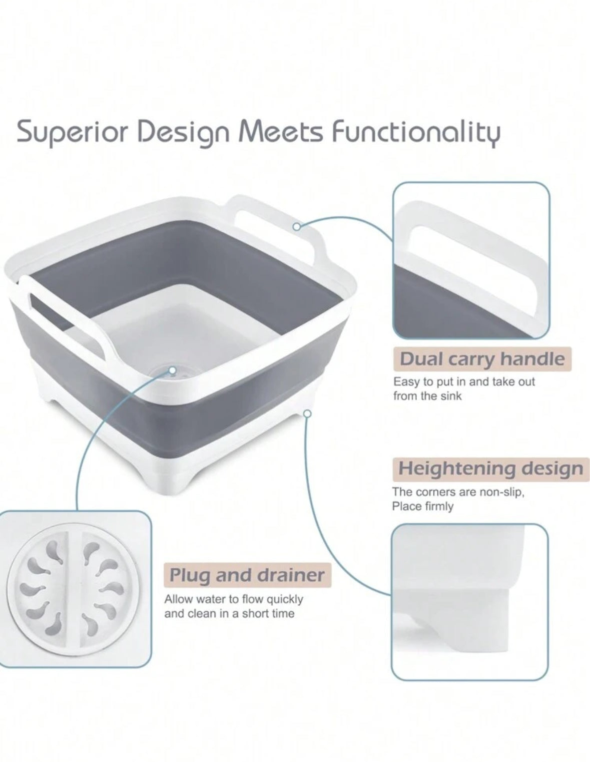 Collapsible Dish Basin With Drain Plug Space Saving (Gray)