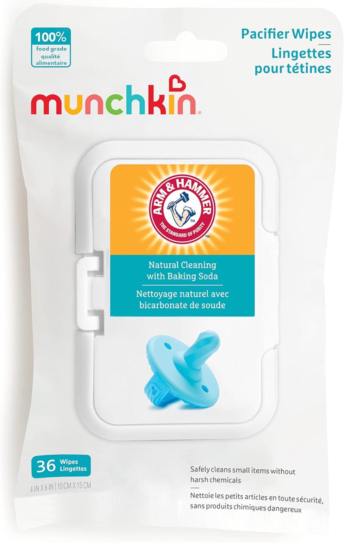 Munchkin Arm & Hammer Pacifier Wipes - Safely Cleans Baby and Toddler Essentials, 1 Pack, 36 Wipes