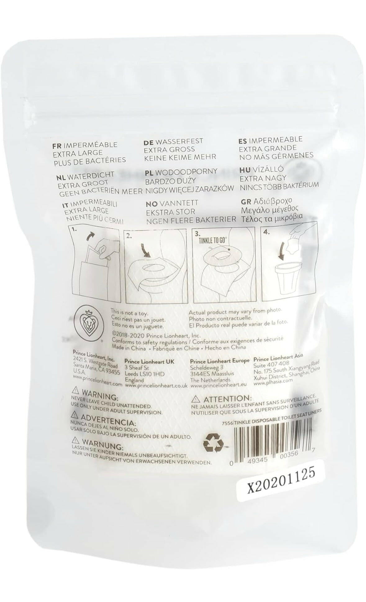 Prince Lionheart Tinkle-To-Go Disposable Toilet Seat Covers | Waterproof | Extra Large | Germ Protection | Portable | Contains 3 Pieces - White.