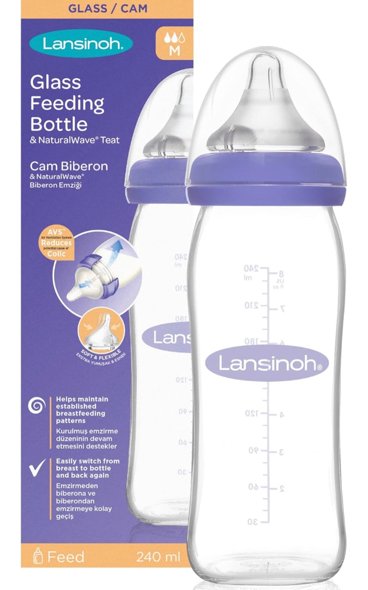 Lansinoh Glass Feeding Bottles 240ml with NaturalWave