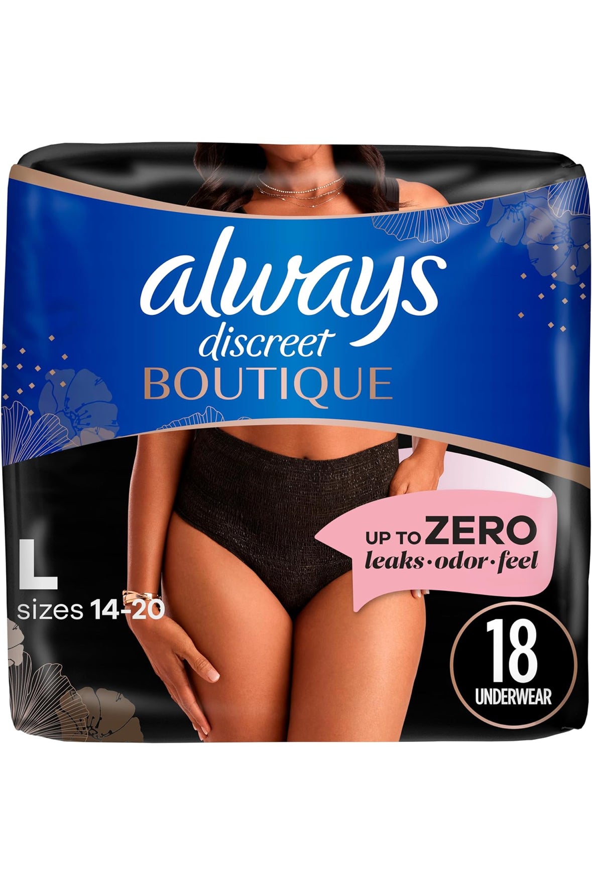 Always Discreet Boutique Incontinence and Postpartum Underwear, L, Black, 18 Count