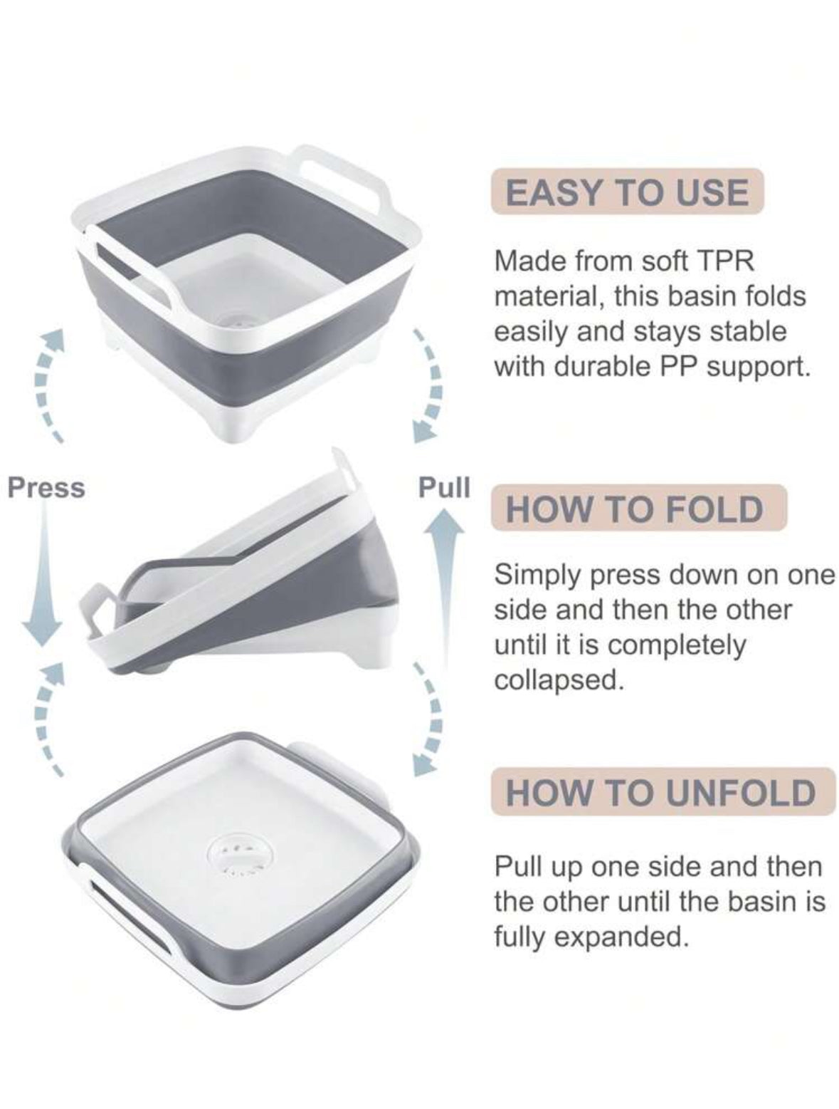 Collapsible Dish Basin With Drain Plug Space Saving (Gray)