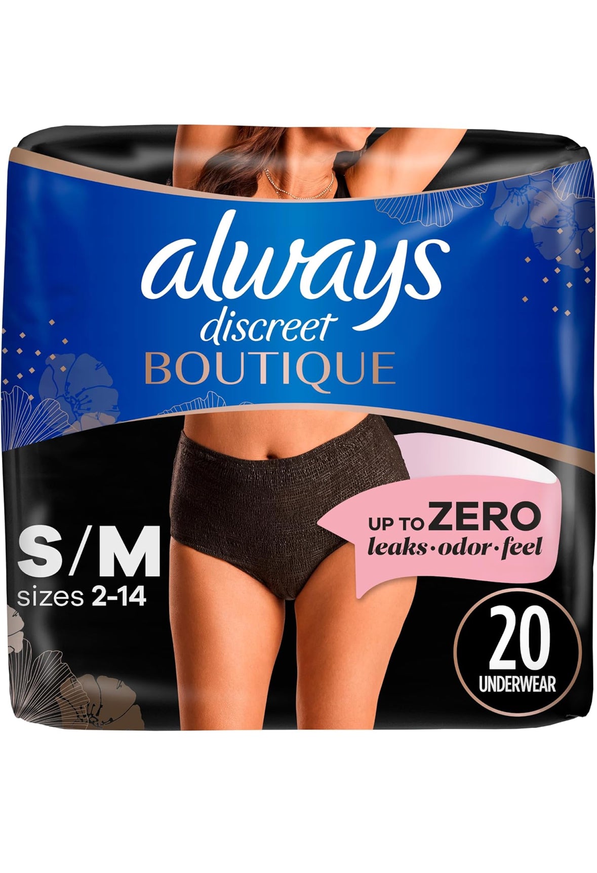 Always Discreet Boutique Incontinence and Postpartum Underwear ,S/M, Black, 20 Count