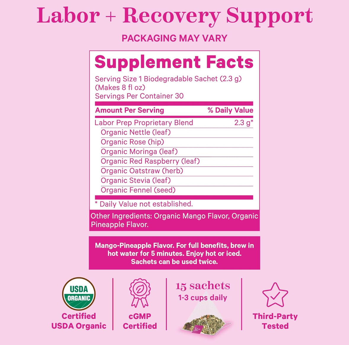 Pink Stork Organic Red Raspberry Leaf Labor Prep Tea - Mango-Pineapple, 15 Sachets