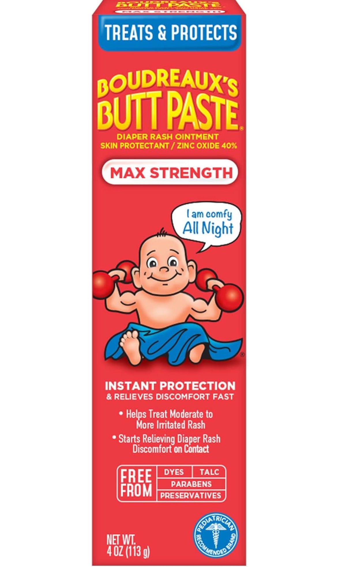 Boudreaux's Butt Paste Maximum Strength Diaper Rash Cream, Ointment for Baby, 4 oz Tube