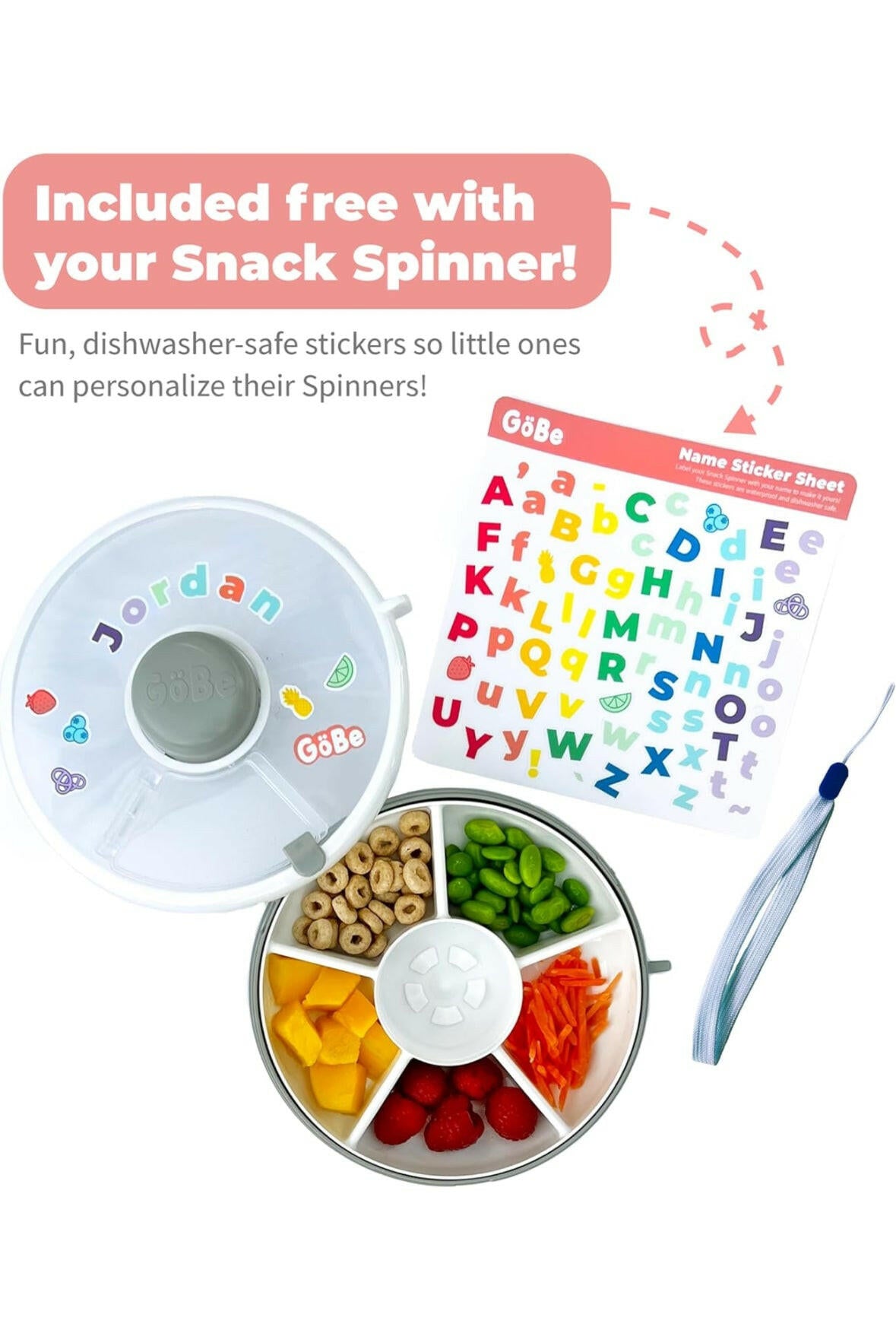 GoBe Snack Spinner Bundle with Hand Strap and Sticker Sheet ,5 Compartment Dispenser and Lid
