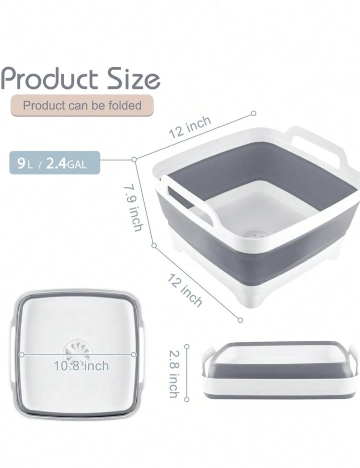 Collapsible Dish Basin With Drain Plug Space Saving (Gray)