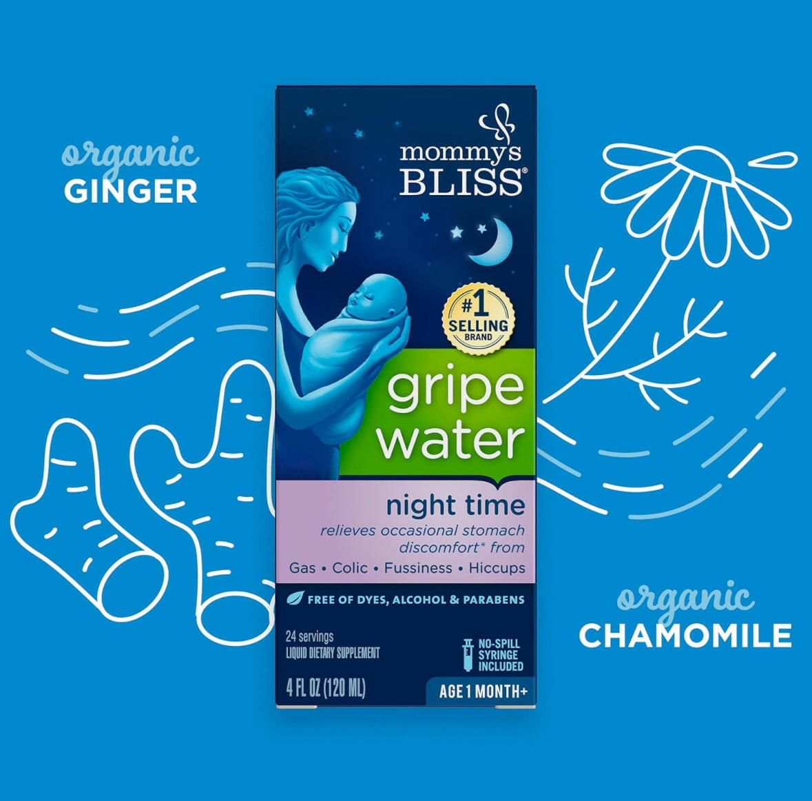 Mommy's Bliss Gripe Water Night Time, Infant Gas & Colic Relief, Gentle & Safe, 4 Weeks+, 4 FL OZ Bottle (Pack of 1).