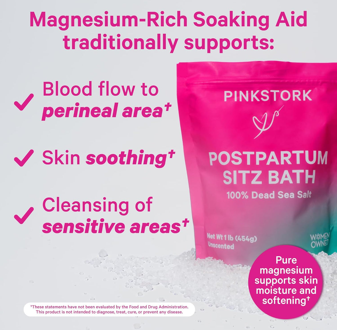 Pink Stork Postpartum Sitz Bath Soak: Dead Sea Salt for Perineal Care & Cleansing, Postpartum Recovery, Labor and Delivery Essentials, Women-Owned, Unscented, 16 oz