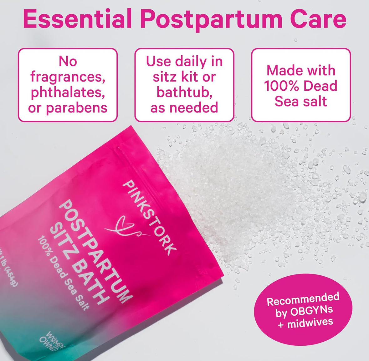 Pink Stork Postpartum Sitz Bath Soak: Dead Sea Salt for Perineal Care & Cleansing, Postpartum Recovery, Labor and Delivery Essentials, Women-Owned, Unscented, 16 oz