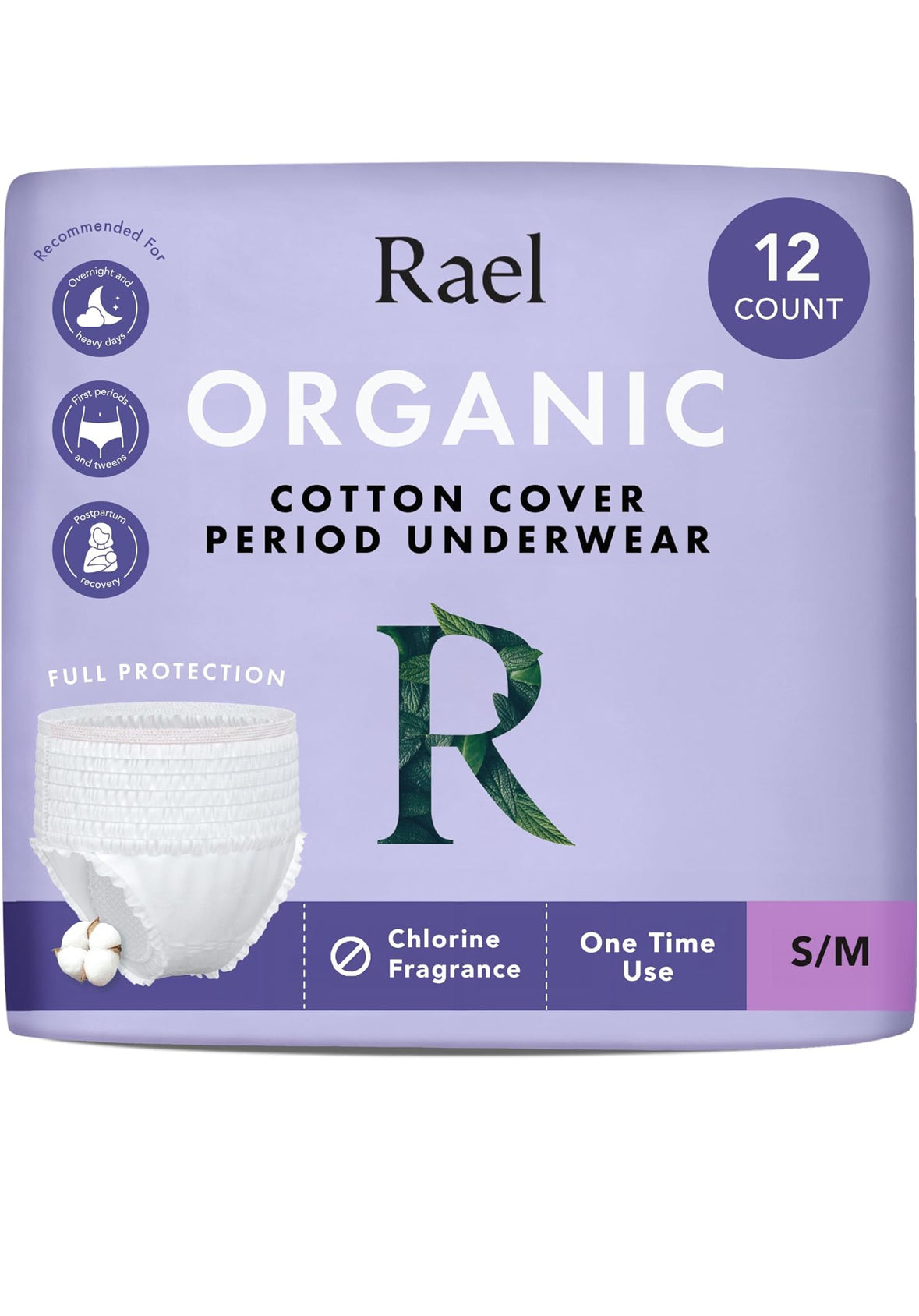 Organic Cotton Cover - Incontinence Pads, Postpartum Essentials, Disposable Underwear, Unscented, Maximum Coverage (Size S-M, 12 Count)