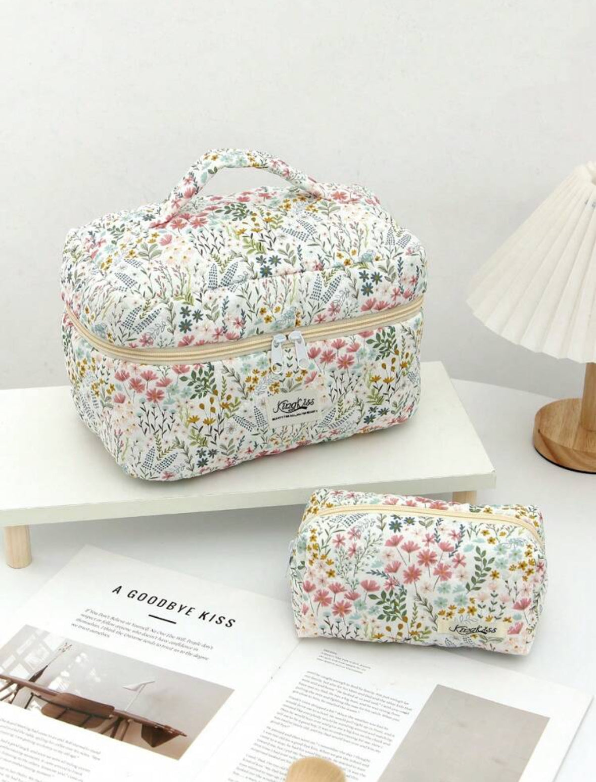 Green Quilted Makeup & Toiletry Travel Bag (3 Pcs)