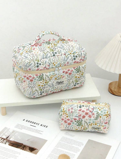 Green Quilted Makeup & Toiletry Travel Bag (3 Pcs)