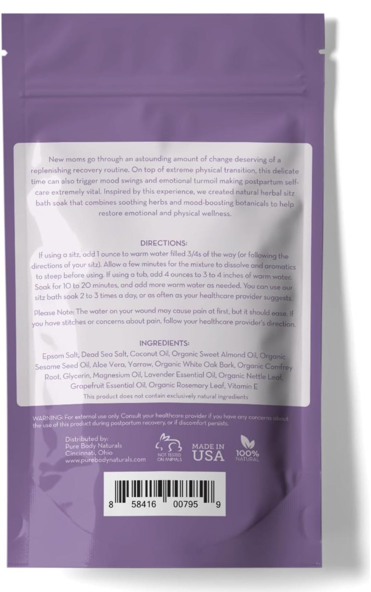 Pure Body Naturals Sitz Bath Salt – Postpartum Care and Hemorrhoid Treatment – Natural Soak for Self Care and Hemmoroid Treatment - Post Partum Essentials, 10 Oz