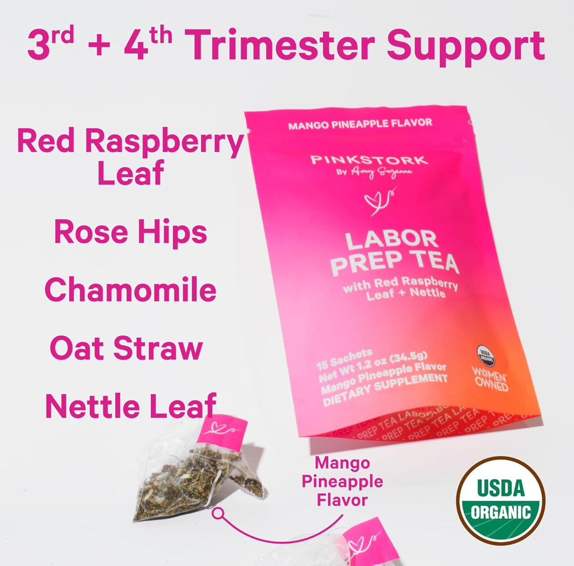 Pink Stork Organic Red Raspberry Leaf Labor Prep Tea - Mango-Pineapple, 15 Sachets