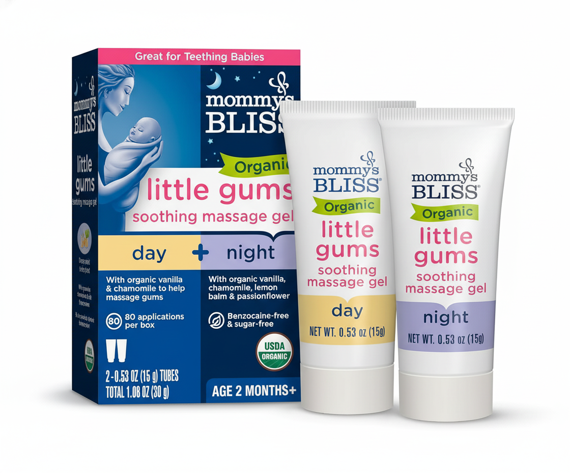 Mommy's Bliss Organic Little Gums Soothing Massage Gel Day and Night Combo, Great for Teething Babies, Age 2 Months+, Sugar Free, Mild & Sweet Flavor, 2 - 0.53 Oz Tubes