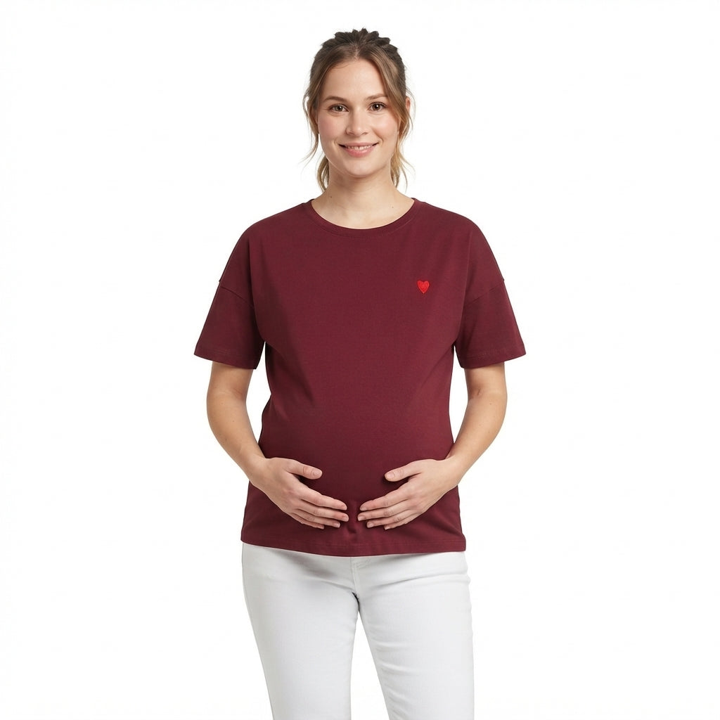 Become a Mom Mama Heart Short Sleeve Tee (Maroon, Medium)