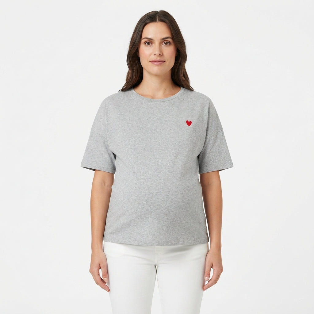 Become a Mom Mama Heart Short Sleeve Tee (Grey, Medium)