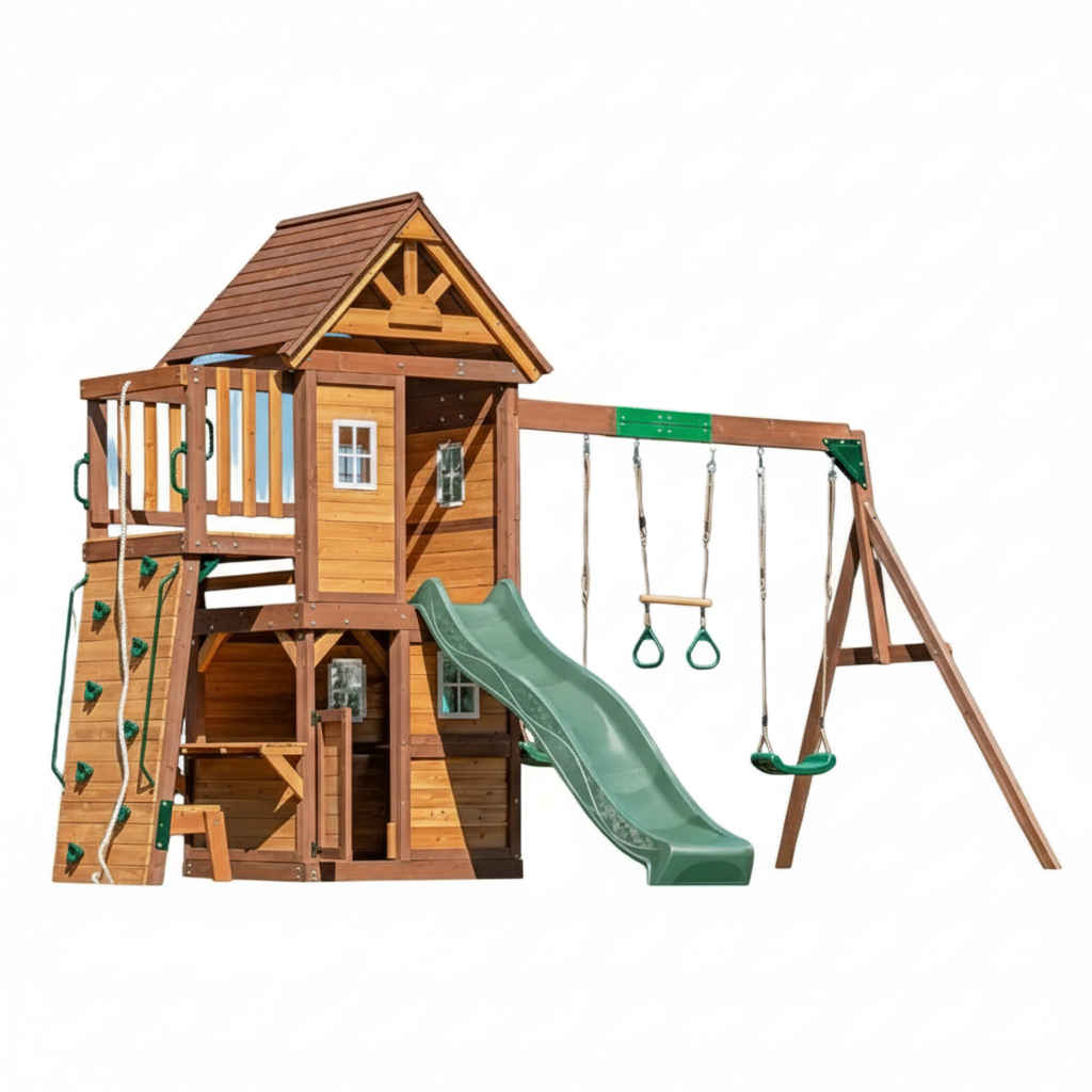 Mountpeak Kazbek Wooden Swing Set & Two-Level Playhouse with Roof