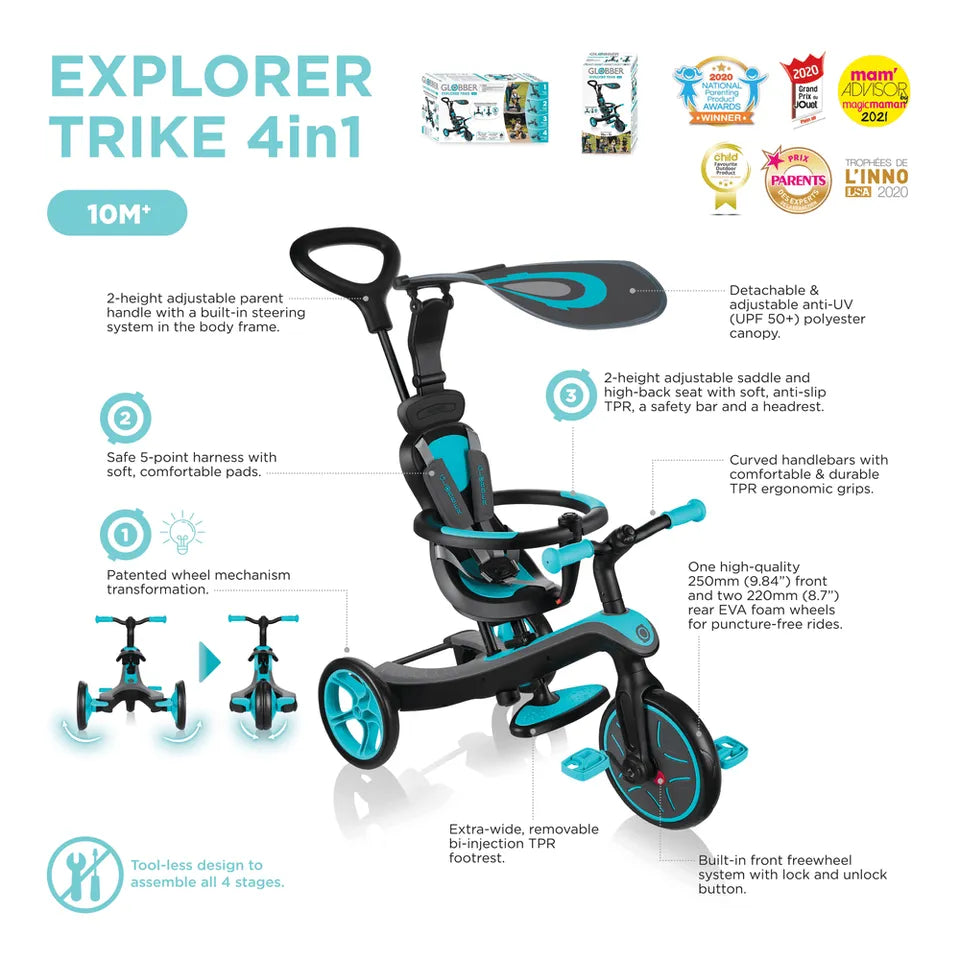 Globber - Explorer Trike 4-In-1 Baby Tricycle & Balance Bike - Fuchsia