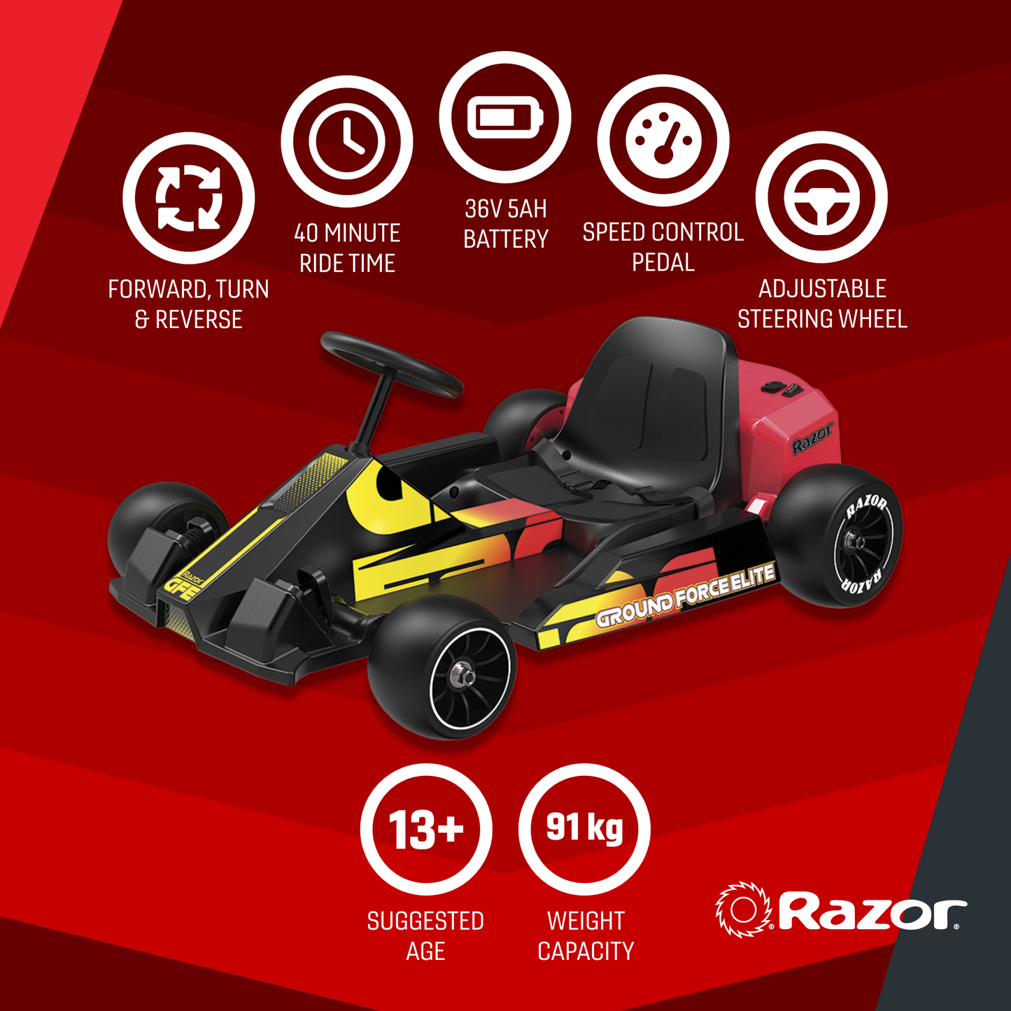 Razor Ground Force Elite (أسود/أحمر، 22.5 كم/س)