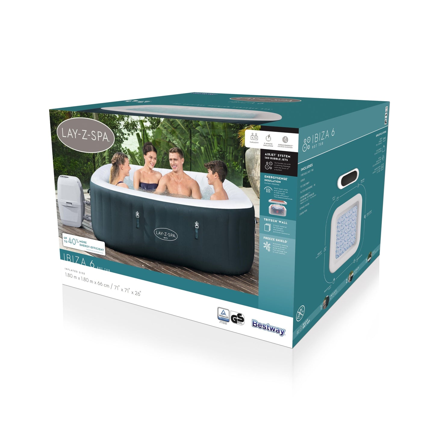 Bestway Lay-Z Spa Ibiza EnergySense AirJet 6 Dark Green Square (71" x 71" x 26"/1.80m x 1.80m x 66 Cm)