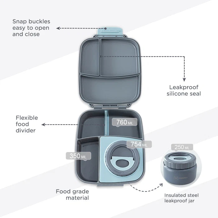 Hydrobrew Mega Flex Bento Lunch Box (1864ml) Leakproof Lunch Container With Integrated (250ml) l Insulated Food Jar