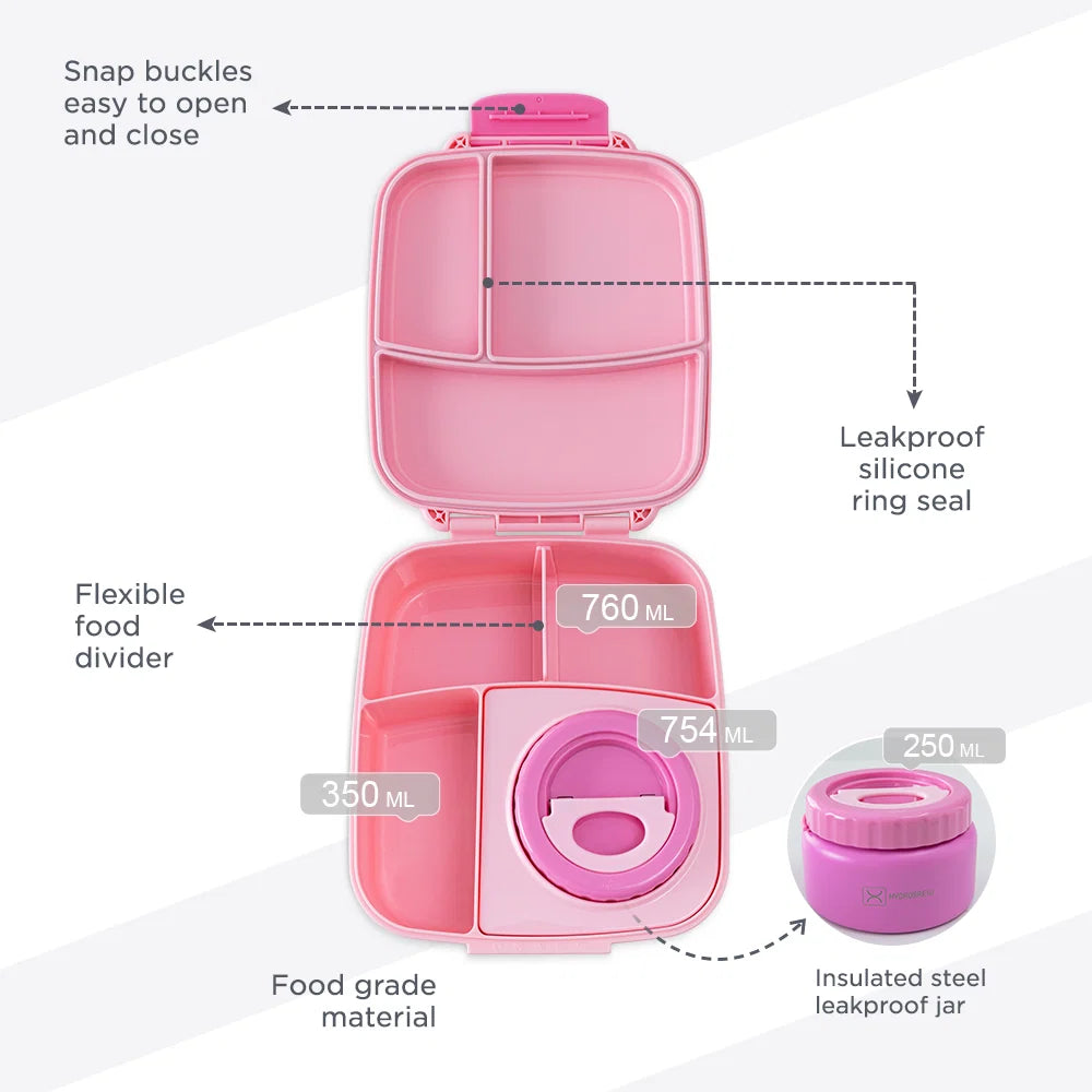Hydrobrew Mega Flex Bento Lunch Box (1864ml) Leakproof Lunch Container With Integrated (250ml) l Insulated Food Jar