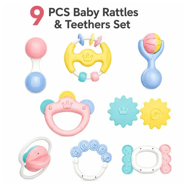 Huanger Baby Rattles & Teether Sensory Toy - Set 8 Pieces