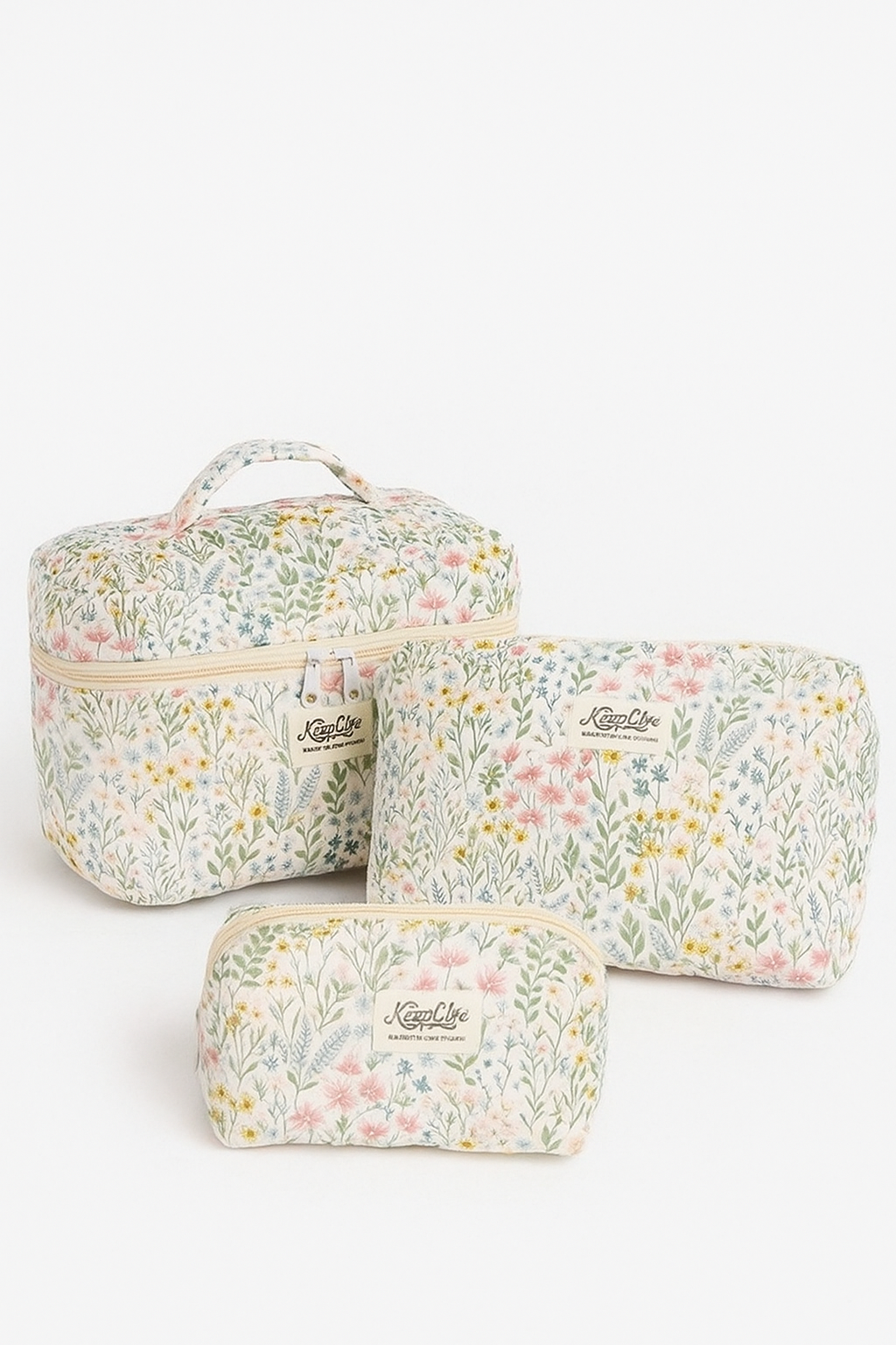 Green Quilted Makeup & Toiletry Travel Bag (3 Pcs)